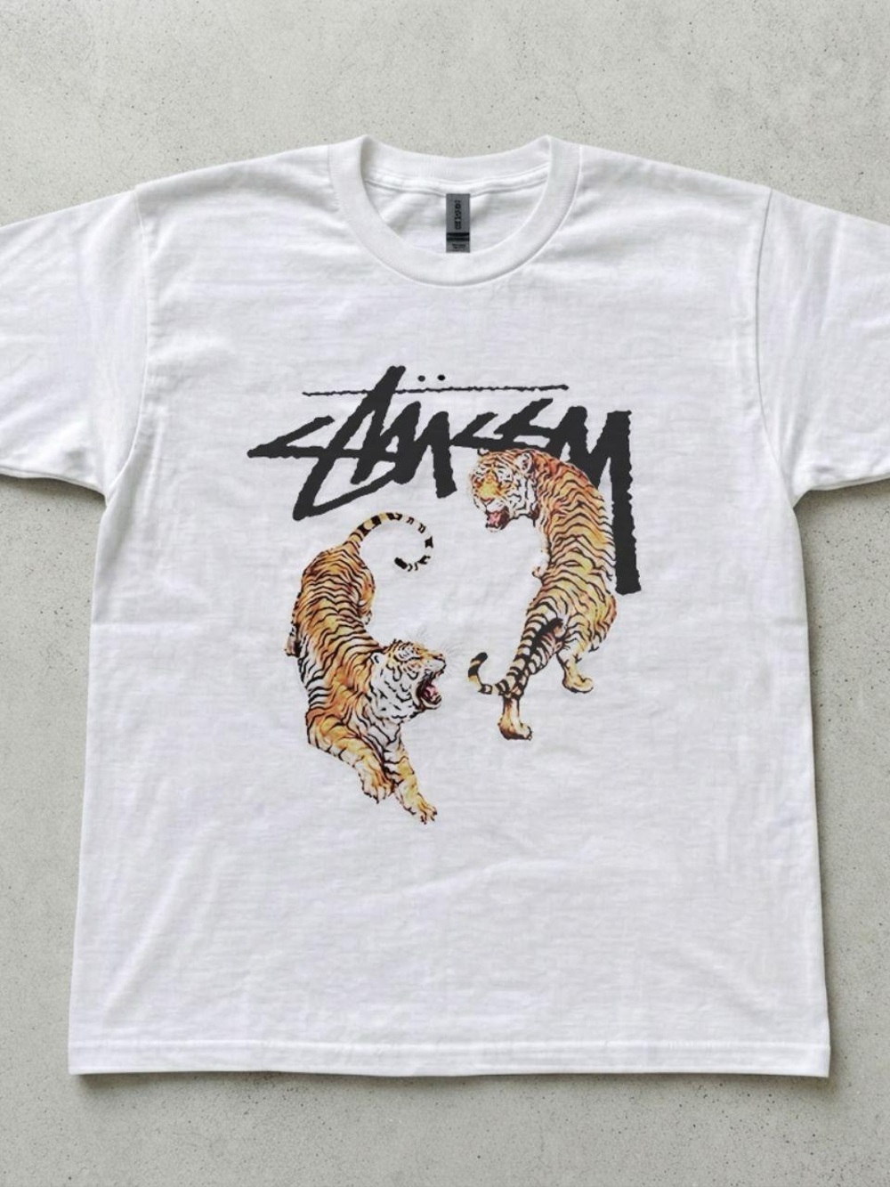Gildan White Tee with Black Logo and Orange Tiger Graphic